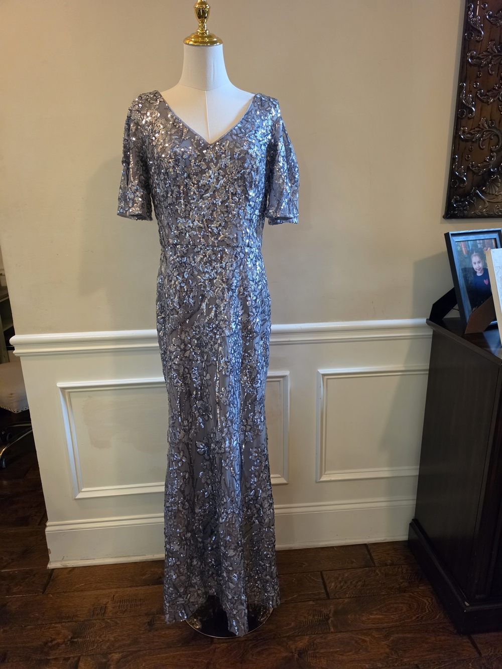 Alex Evenings Sequined V-Neck Evening Gown - Silver Gray